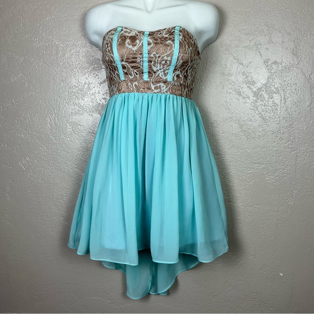 Chosse 5 Ítems For $30strapless lace floral green tan high low gown dress small